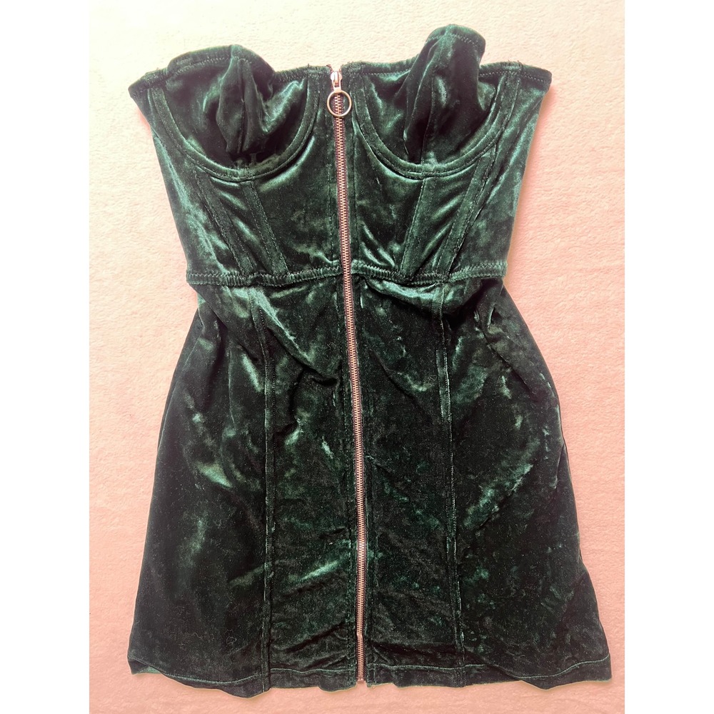 Urban Outfitters XS Mini Dress Crushed Velvet Corset Bodycon Green Zip Strapless